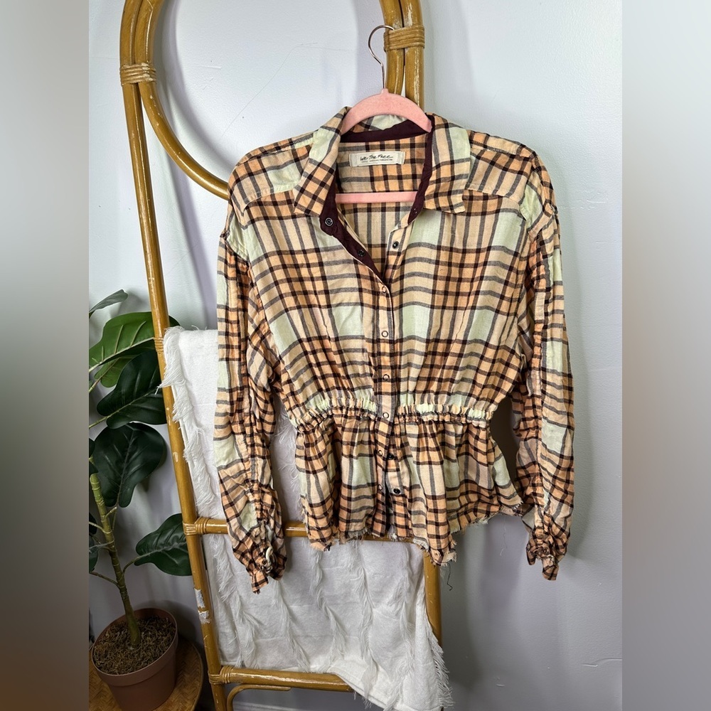 Free People Plaid Button Down Shirt in Brown and Cream sz S